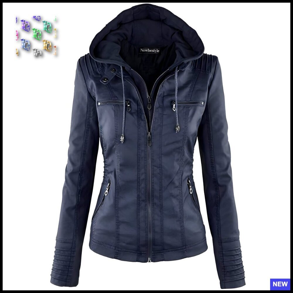 Faux Leather Biker Jacket Slim Fit Quilted Detachable Hood Casual Chic